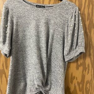 Anne Klein Gray Knotted Top with Pearl Accents